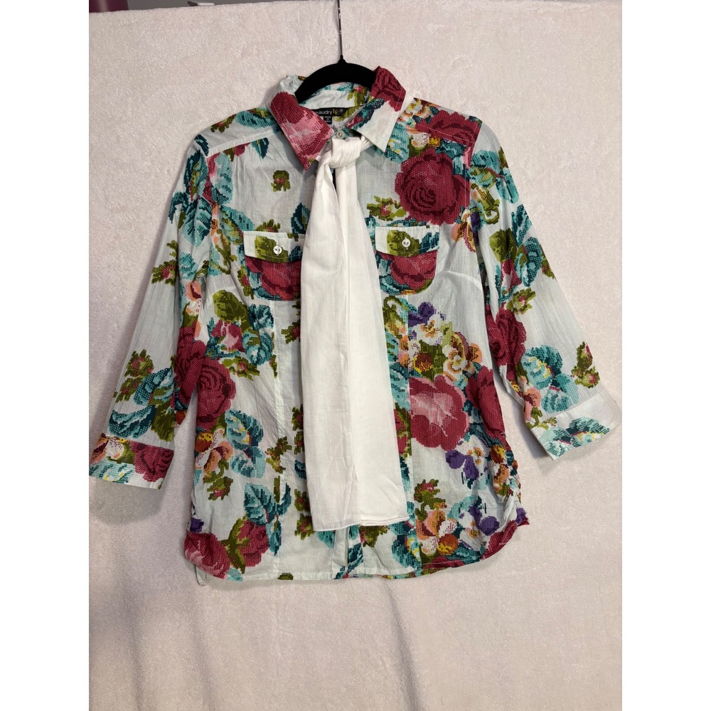 Chaudry KC Floral Rose Print Cotton Tie Neck Button Down Shirt White size M 967